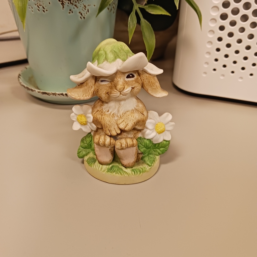 Happy Smiling Lop Earred Bunny sitting In a Field of Daisies Figurine /Whimsical